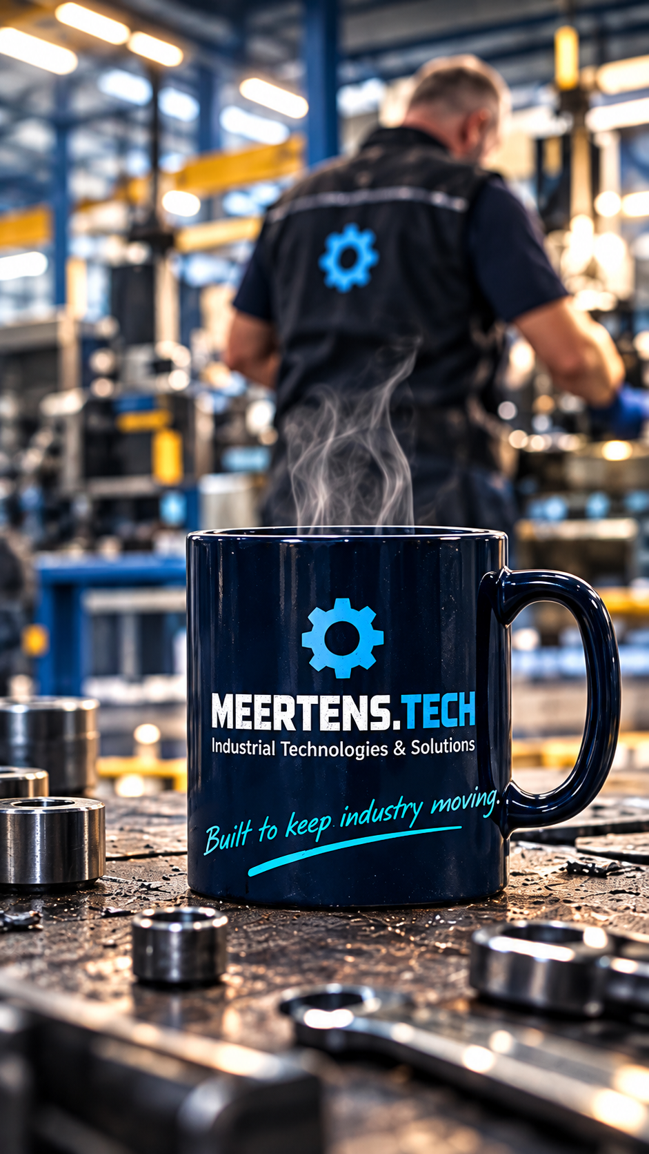 Meertens.tech-koffiemok op een werkbank, met een technicus in de achtergrond.