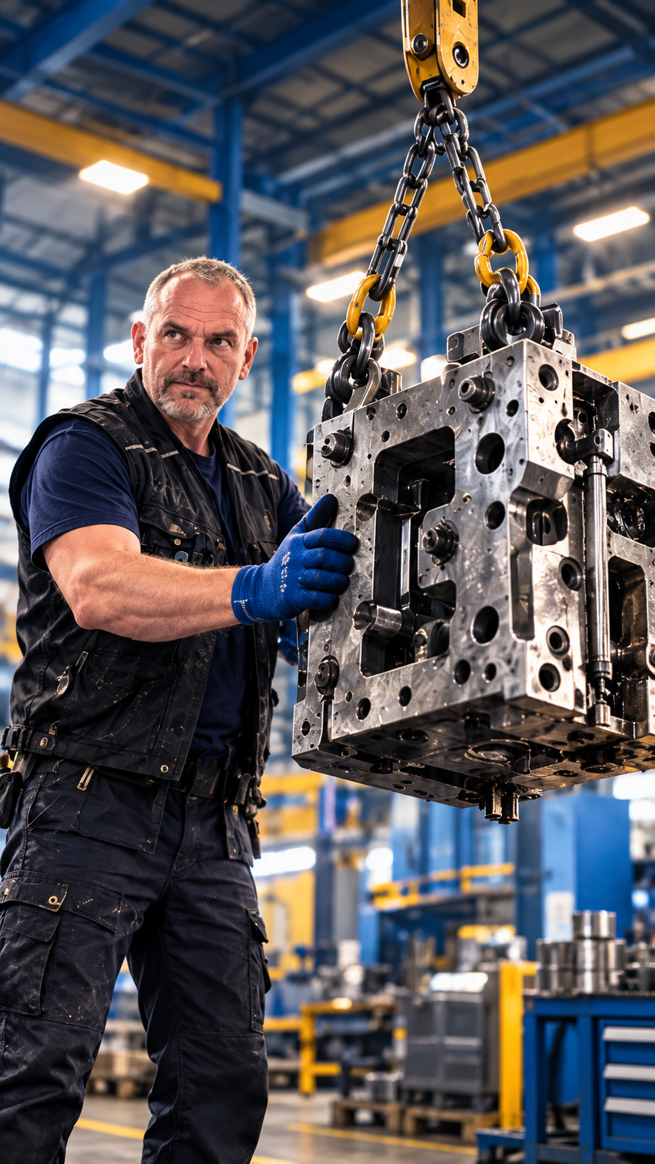 Vakman begeleidt een groot metalen machineonderdeel aan een hijsketting in de werkplaats.